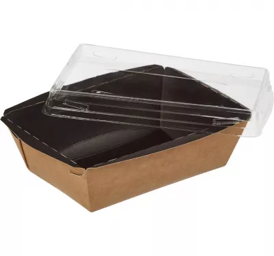 Бумажный контейнер с прозрачной крышкой и прямым дном 400 мл черный/крафт